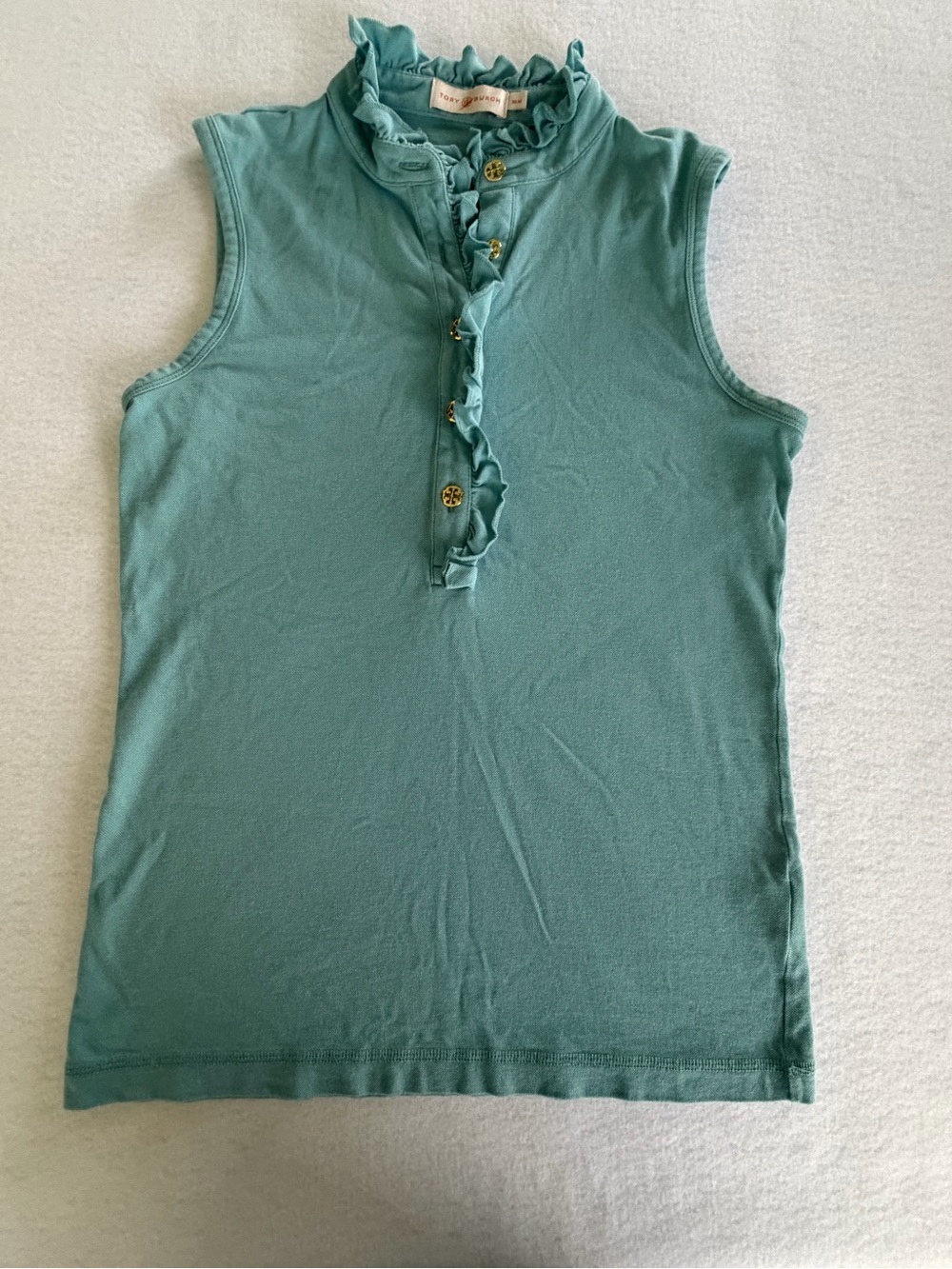 Tory Burch Seafoam Knit Ruffle-Trim Sleeveless Top